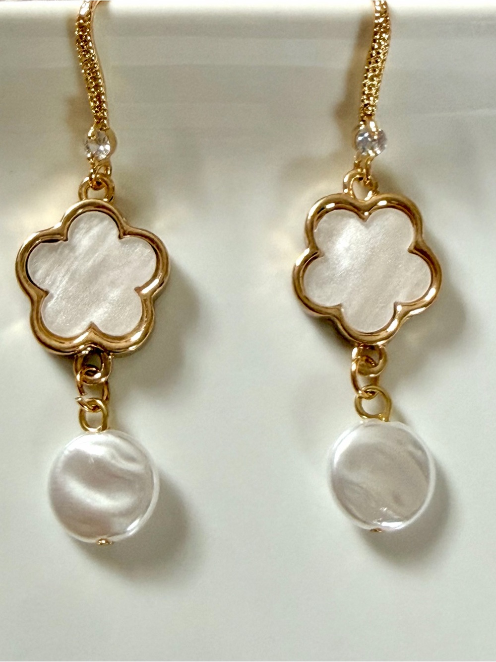 Gold and White Flower Drop Earrings - Women's Jewelry